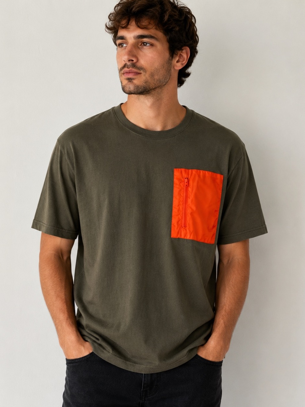 Minimum Olive Green Cotton Tee Orange Zip Pocket